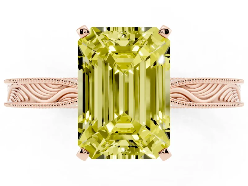 Fancy Yellow Emerald Cut Diamond Solitaire Milgrain Engraved Band Set in Rose gold with Prong Setting