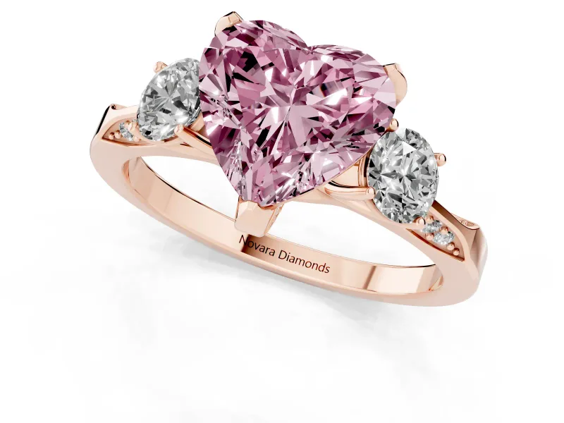 Heart-Shaped Hidden Halo Three Stone Engagement Ring Setting for a Fancy Pink Lab-Grown Diamond | Rose Gold