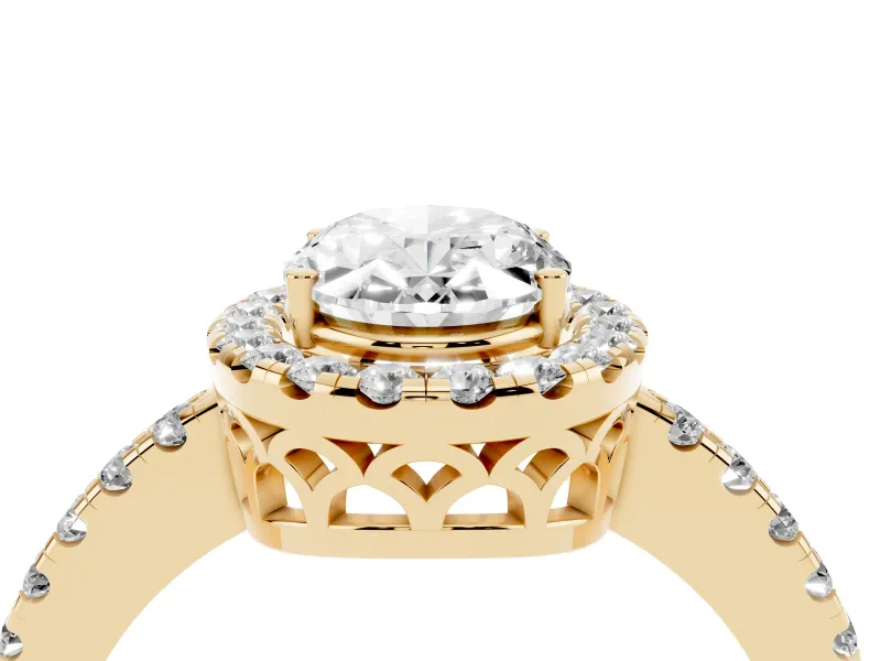 Oval Cut Diamond Pavé Band Halo Engagement Ring Set in Yellow gold with Prong Setting