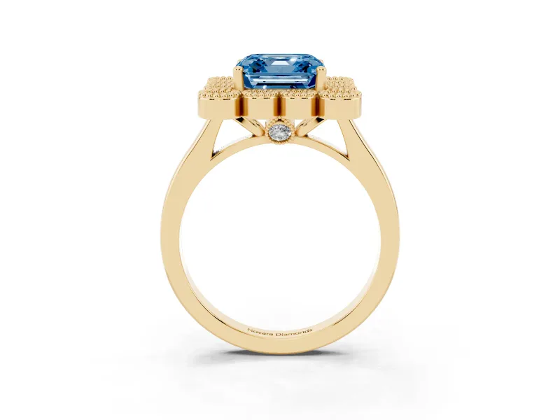 Asscher Cut Milgrain Cluster Halo Engagement Ring Setting for a Fancy Blue Lab-Grown Diamond | Plain Band | Yellow Gold