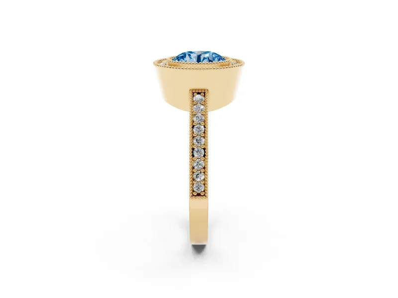 Round Milgrain Halo Engagement Ring Setting for a Fancy Blue Lab-Grown Diamond | Pave Band | Yellow Gold