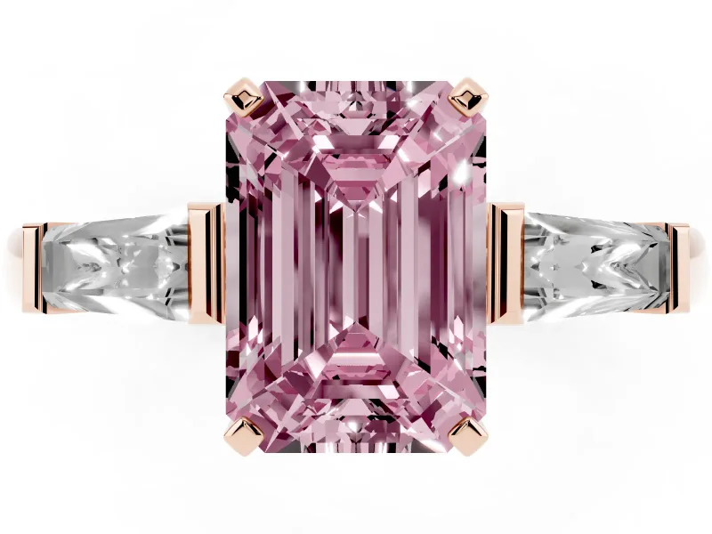 Emerald Cut Three Stone Engagement Ring Setting for a Fancy Pink Lab-Grown Diamond | Tapered Baguettes | Rose Gold