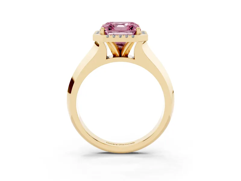 Fancy Pink Asscher Cut Diamond Halo Ring Set in Yellow gold with Cathedral Band and Prong Setting