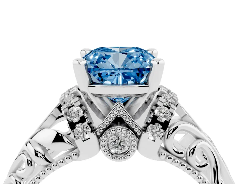 Cushion Cut Filigree Solitaire Engagement Ring Setting for a Fancy Blue Lab-Grown Diamond | Platinum