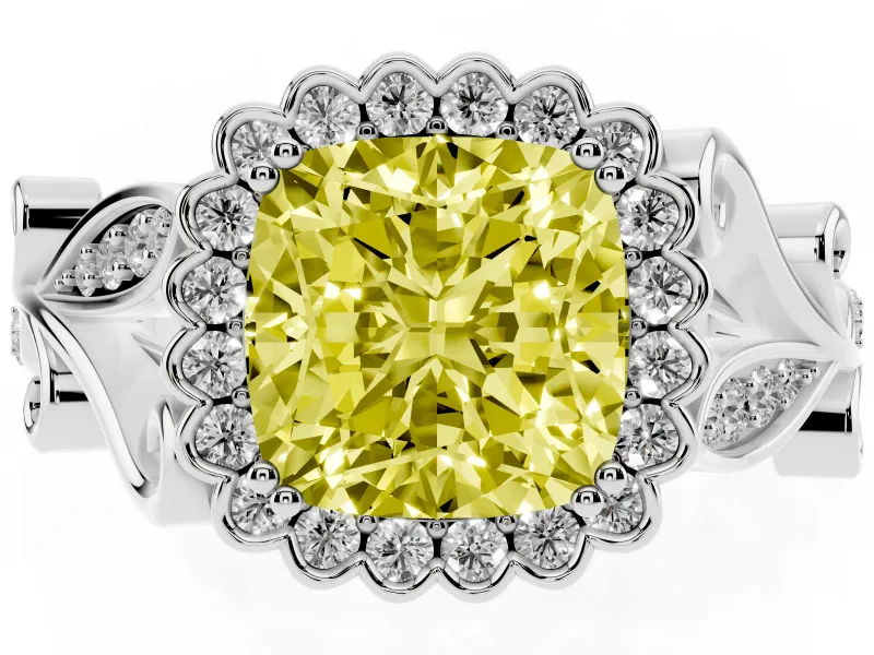 Cushion Cut Leaf Halo Engagement Ring Setting for a Fancy Yellow Lab-Grown Diamond | Platinum
