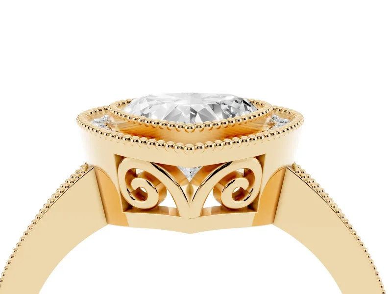 Heart Cut Diamond Halo Ring Set in Yellow gold with Pavé Band and Milgrain-Edged Prongs