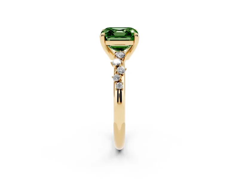Fancy Green Asscher Cut Diamond Solitaire Vine Band Ring Set in Yellow gold with Round Accents and Prong Setting