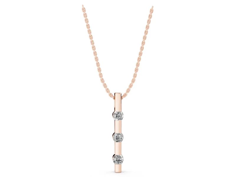 Round Lab-Grown Diamond Three-Stone Vertical Bar Pendant Necklace | Evenly Spaced | Rose Gold