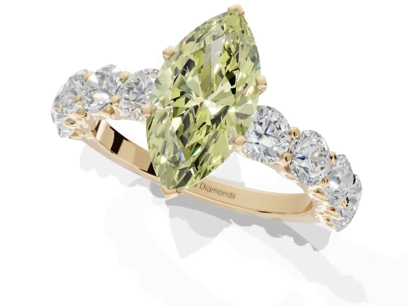 Marquise Side Stone Engagement Ring Setting for a Fancy Yellow Lab-Grown Diamond | Scalloped Prong Accents | Yellow Gold