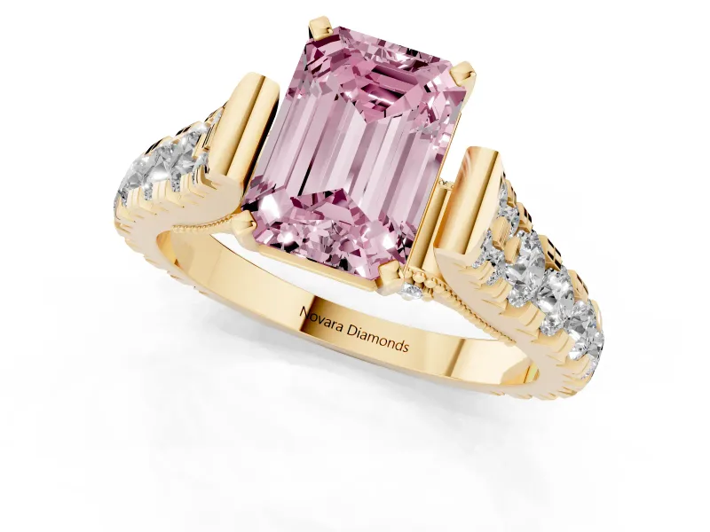 Fancy Pink Emerald Cut Diamond Classic Solitaire Ring Set in Yellow gold with Pavé Band and Prong Setting