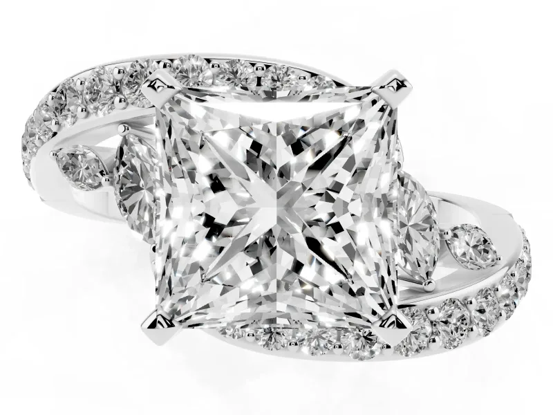 Princess Cut Diamond Solitaire Ring Set in Silver with Pavé Twist Band and Secure Prong Setting