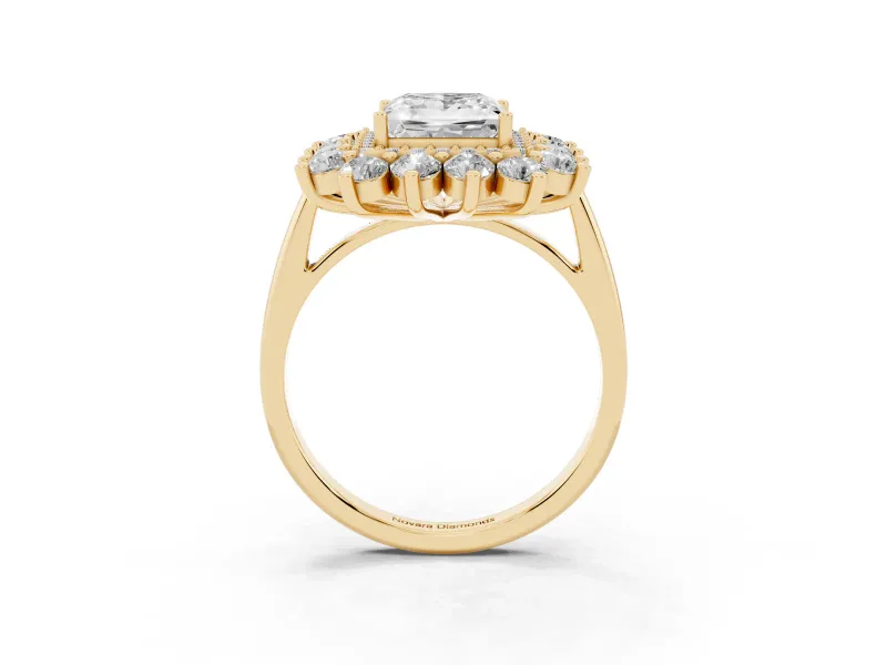 Princess Cut Floral Double Halo Engagement Ring Setting | Plain Band | Yellow Gold