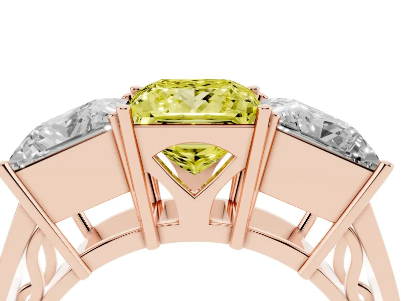 Princess Cut Three Stone Engagement Ring Setting for a Fancy Yellow Lab-Grown Diamond | Beaded Shoulders | Rose Gold