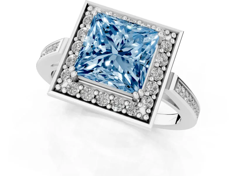 Princess Cut Halo Engagement Ring Setting for a Fancy Blue Lab-Grown Diamond | Polished Halo Rim | Sterling Silver