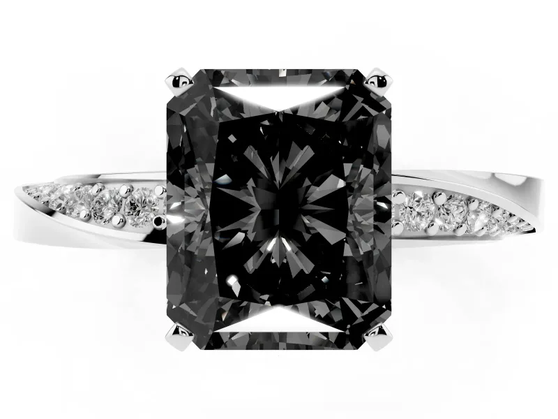 Fancy Black Radiant Cut Diamond Engagement Ring Set in Platinum with Side Stone Accents and Prong Setting