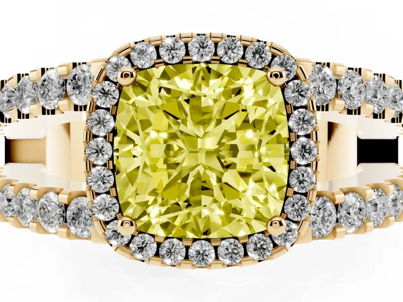 Fancy Yellow Cushion Cut Diamond Halo Ring Set in Yellow gold with Pavé Split Shank and Prong Setting
