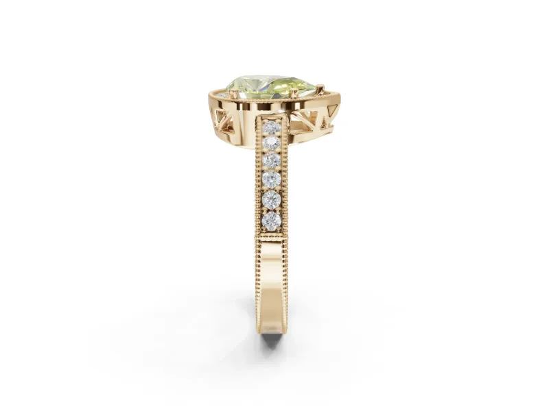 Pear-Shaped Milgrain Halo Engagement Ring Setting for a Fancy Yellow Lab-Grown Diamond | Wide Pavé Band | Yellow Gold