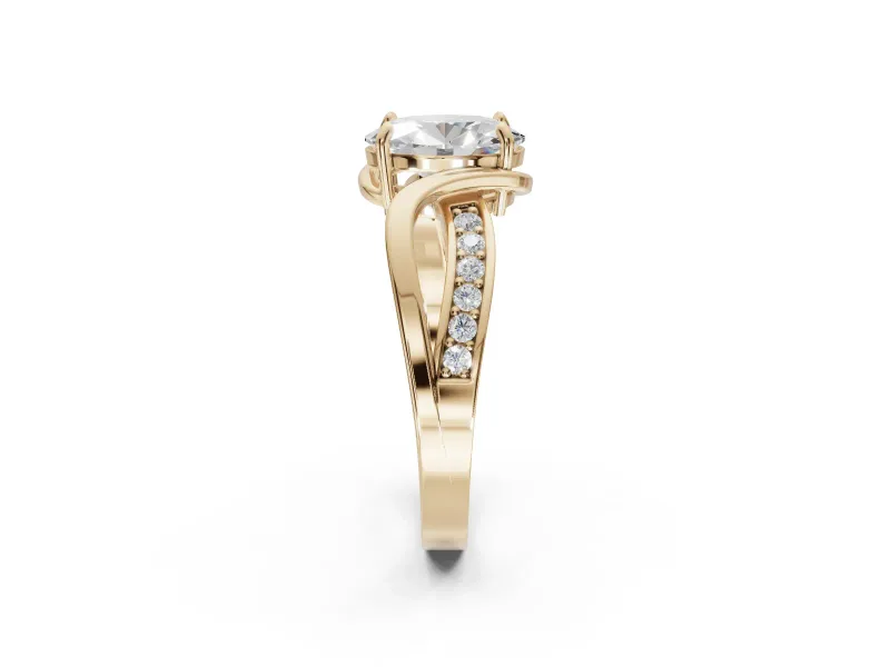 Oval Bypass Solitaire Engagement Ring Setting | Pavé and Plain Strands | Yellow Gold