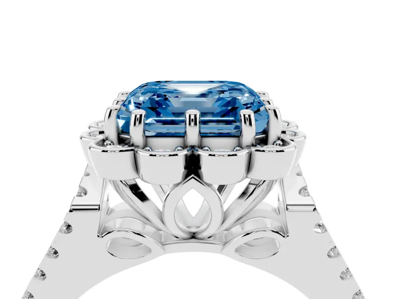 Asscher Cut Floral Halo Engagement Ring Setting for a Fancy Blue Lab-Grown Diamond | Pavé Split Shank | Sterling Silver