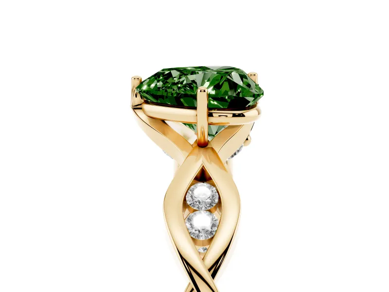 Fancy Green Heart Cut Diamond Twist Band Solitaire Ring Set in Yellow gold with Leaf Prong Setting and Accent Stones
