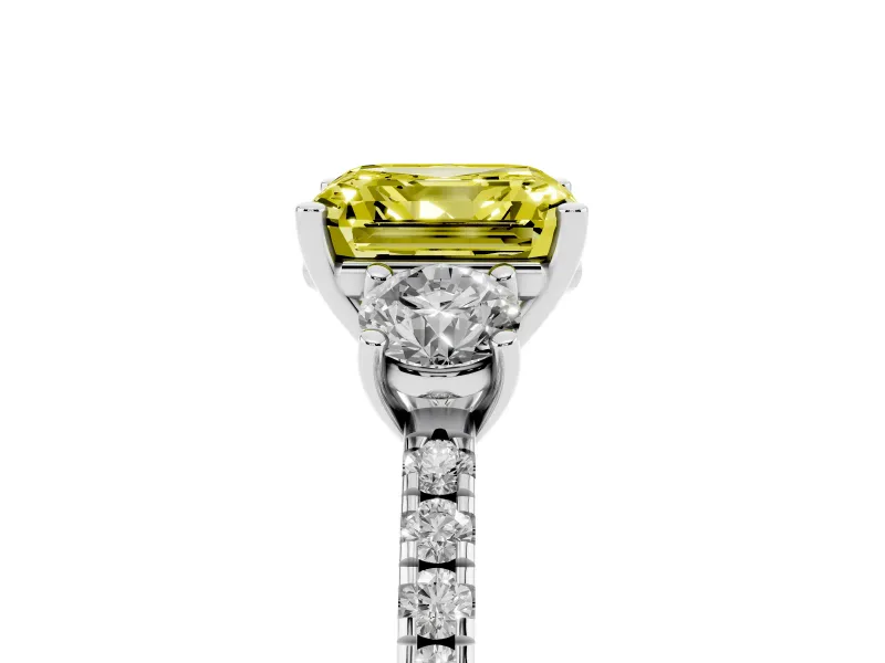 Asscher Cut Three Stone Engagement Ring Setting for a Fancy Yellow Lab-Grown Diamond | Pave Shoulders | Platinum
