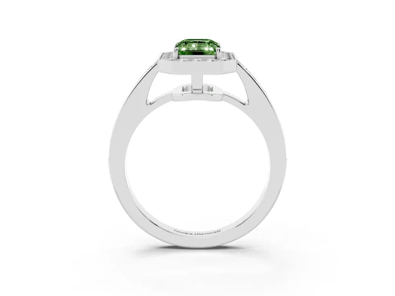Fancy Green Emerald Cut Diamond Halo Pavé Engagement Ring Set in Platinum with Bezel Setting