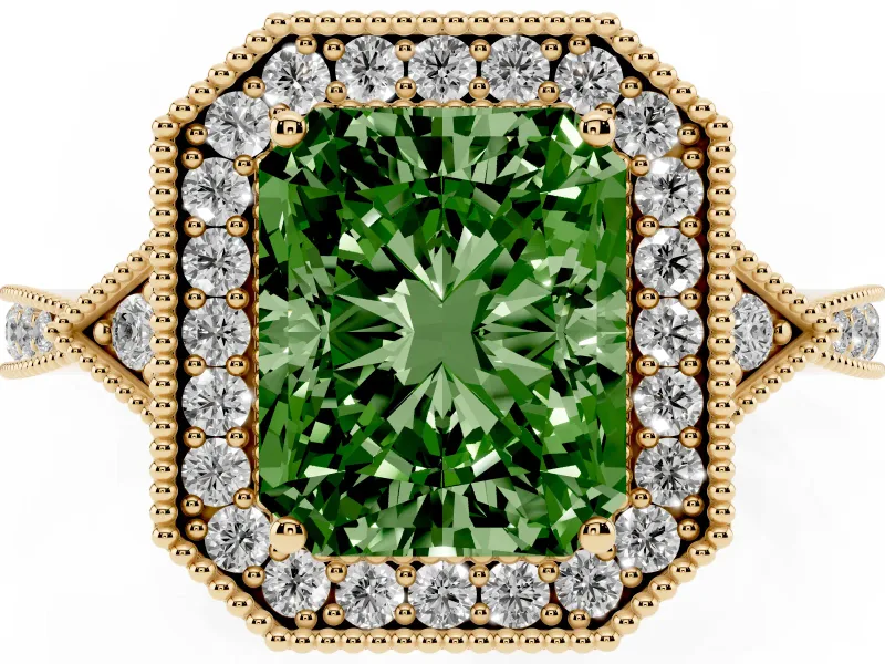 Radiant Cut Milgrain Halo Engagement Ring Setting for a Fancy Green Lab-Grown Diamond | Graduated Pavé | Yellow Gold