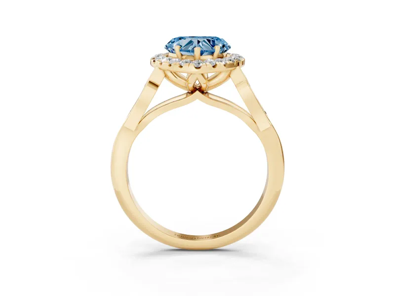 Fancy Blue Heart Cut Diamond Halo Engagement Ring Set in Yellow gold with Filigree Band and Prong-Set Center