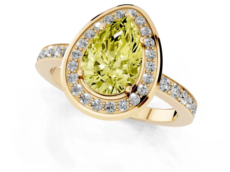 Pear-Shaped Bezel-Rim Halo Engagement Ring Setting for a Fancy Yellow Lab-Grown Diamond | Pave Band | Yellow Gold