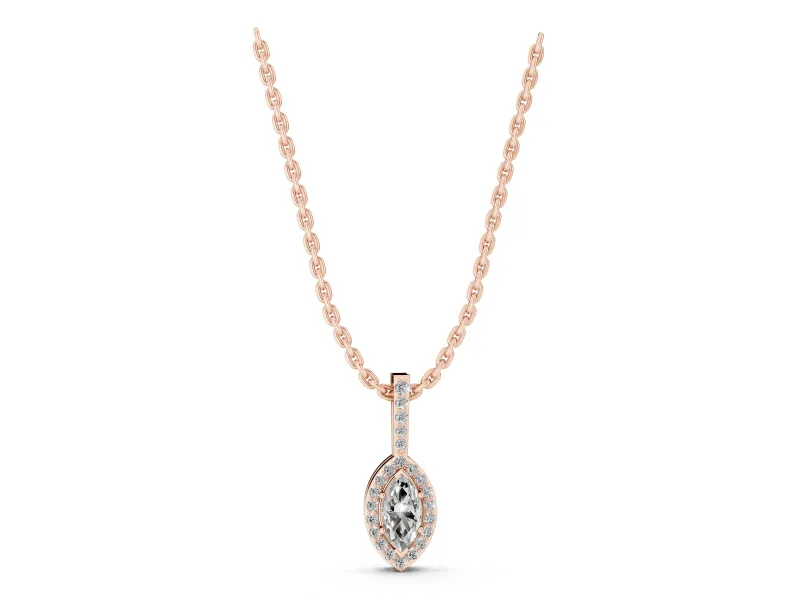 Marquise Lab-Grown Diamond Pavé Halo Pendant Necklace | Slim Pavé Bail | Rose Gold