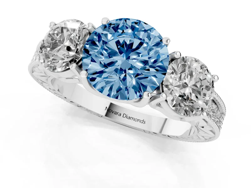 Round Vintage Three Stone Engagement Ring Setting for a Fancy Blue Lab-Grown Diamond | Sterling Silver
