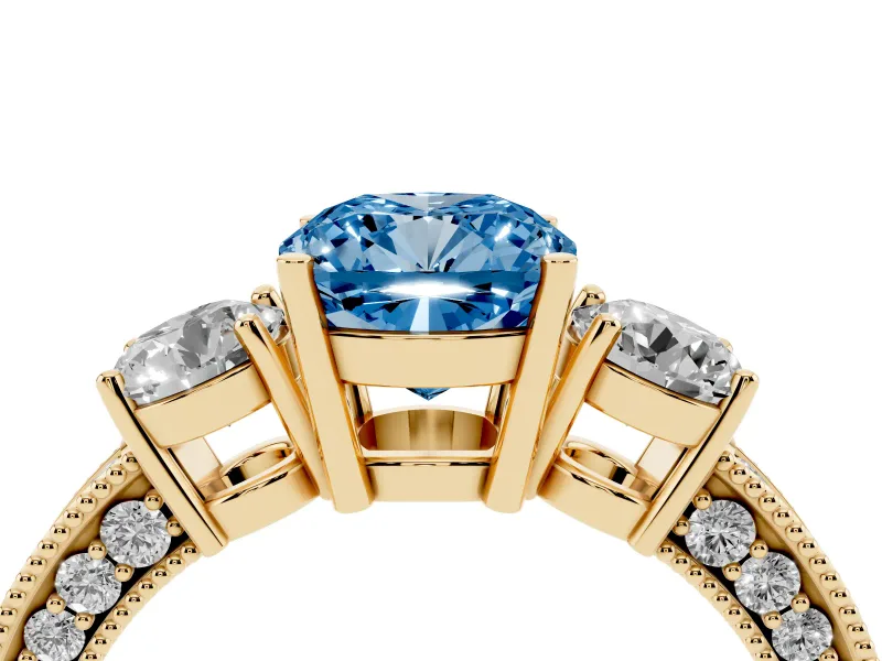 Cushion Cut Three Stone Engagement Ring Setting for a Fancy Blue Lab-Grown Diamond | Graduated Pave Band | Yellow Gold