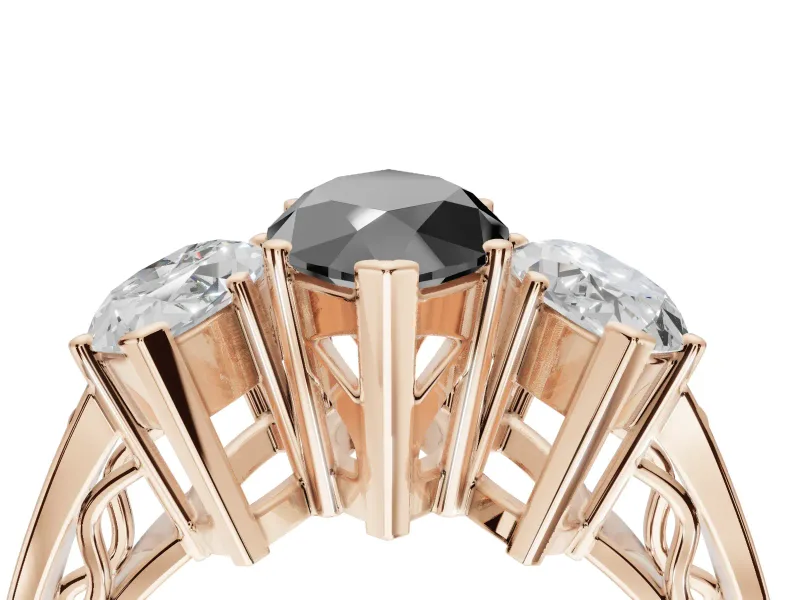 Fancy Black Marquise Lab-Grown Diamond Three-Stone Ring Set in Rose Gold with Textured Band