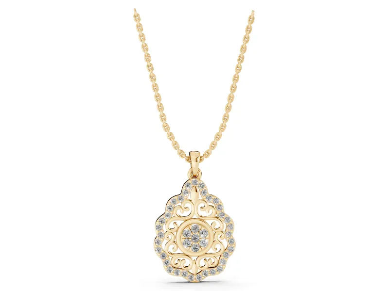Round Lab-Grown Diamond Filigree Cluster Pendant Necklace | Pavé Teardrop Frame | Yellow Gold