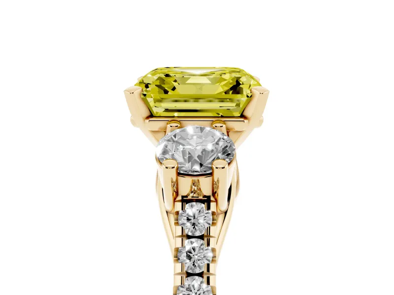 Fancy Yellow Three-Stone Asscher Cut Diamond Pavé Band Ring Set in Yellow gold with Prong-Set Trio