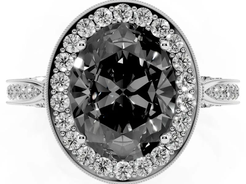 Oval Milgrain Halo Engagement Ring Setting for a Black Center | Side Stones | White Gold