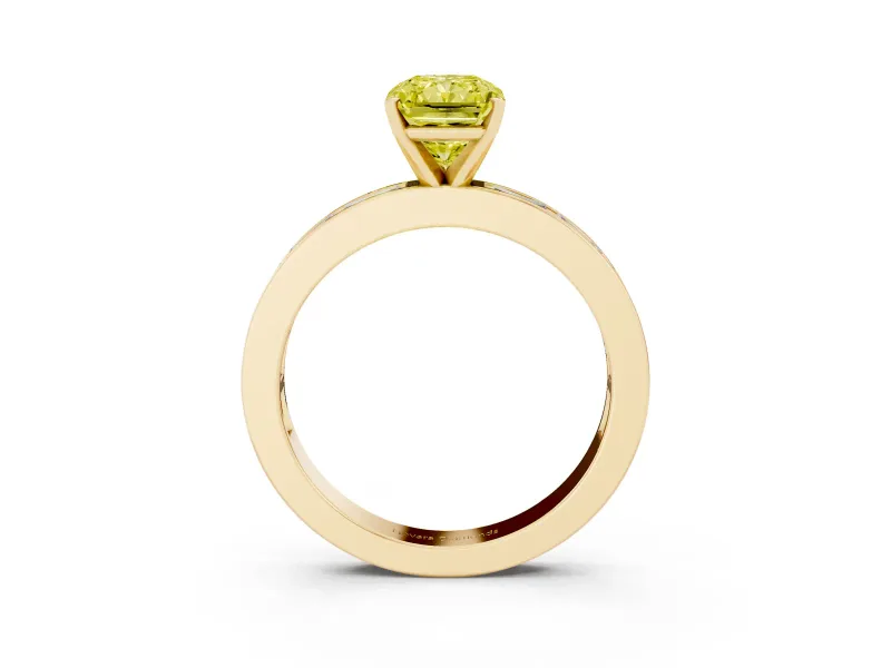 Fancy Yellow Radiant Cut Diamond Solitaire Ring Set in Yellow gold with Channel-Set Baguette Band and Prong Setting