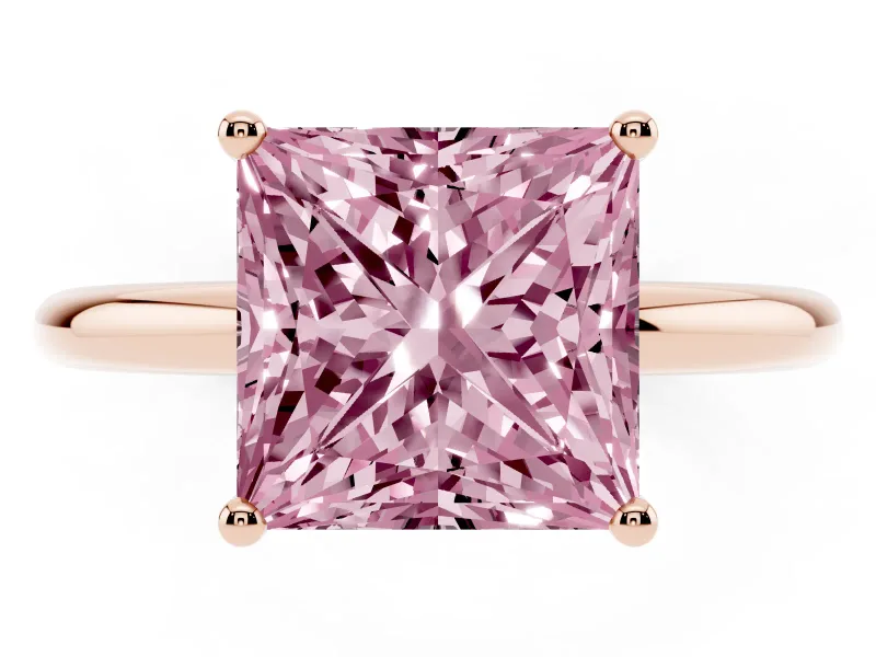 Fancy Pink Princess Cut Diamond Solitaire Engagement Ring Set in Rose gold with Prong Setting and Polished Band