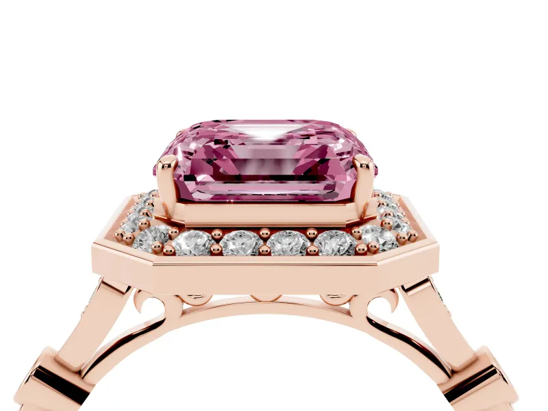 Asscher Cut Halo Engagement Ring Setting for a Fancy Pink Lab-Grown Diamond | Bezel Station Shoulders | Rose Gold