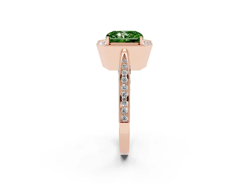 Radiant Cut Milgrain Halo Engagement Ring Setting for a Fancy Green Lab-Grown Diamond | Side Stones | Rose Gold