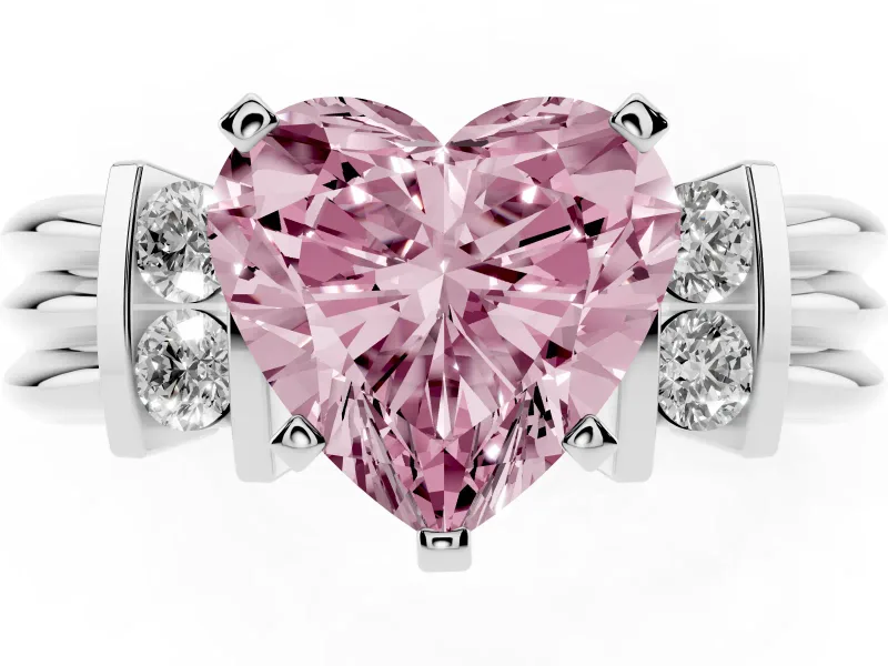 Fancy Pink Three-Stone Heart Cut Diamond Channel Set Ring Set in Silver with Bar Prongs