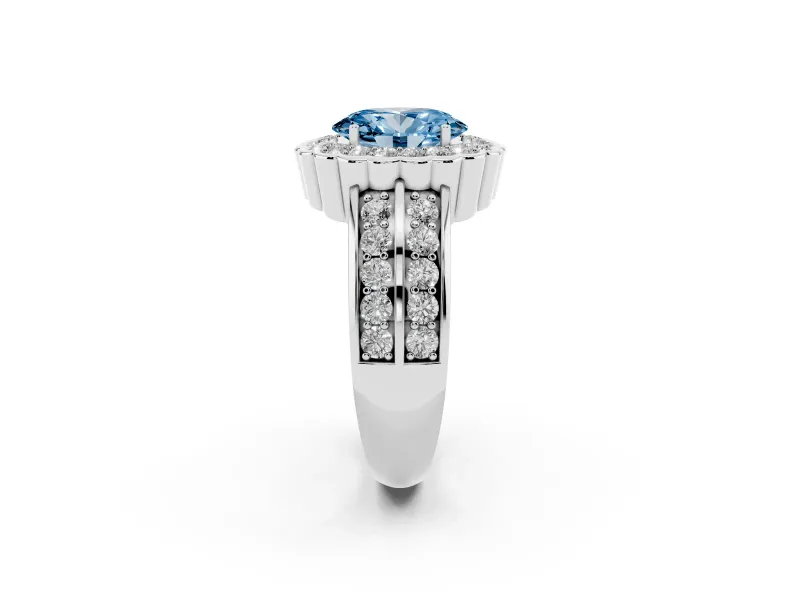 Fancy Blue Oval Cut Diamond Scalloped Halo Ring Set in Platinum with Pavé Split Shank