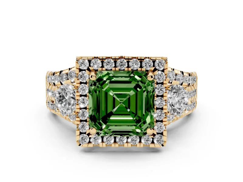 Fancy Green Asscher Cut Diamond Halo Split Shank Ring Set in Yellow gold with Round Accent Stones and Prong Setting