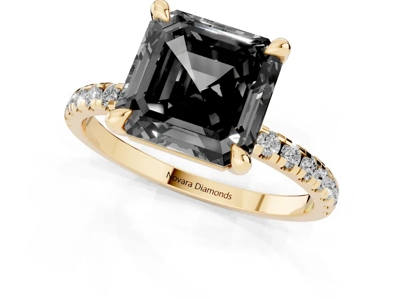 Fancy Black Asscher Cut Diamond Brilliant Solitaire Ring Set in Yellow gold with Pavé Band and Prong Setting
