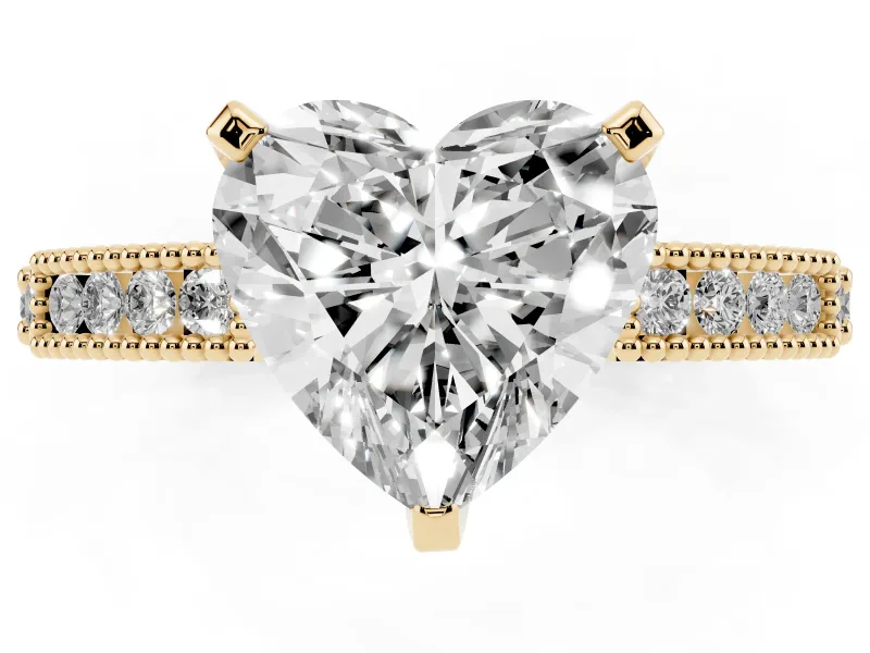 Heart-Shaped Vintage Pavé Solitaire Engagement Ring Setting | Milgrain Edges | Yellow Gold
