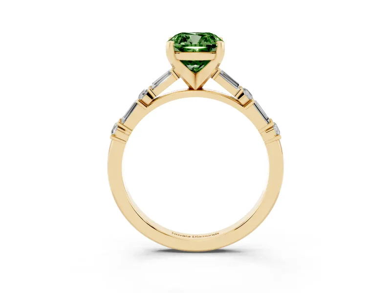 Cushion Cut Baguette Side Stone Engagement Ring Setting for a Fancy Green Lab-Grown Diamond | Yellow Gold