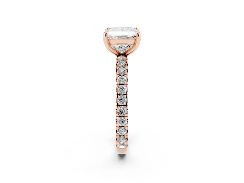 Princess Cut Diamond Pavé Solitaire Ring Set in Rose gold with Round Band and Prong Setting