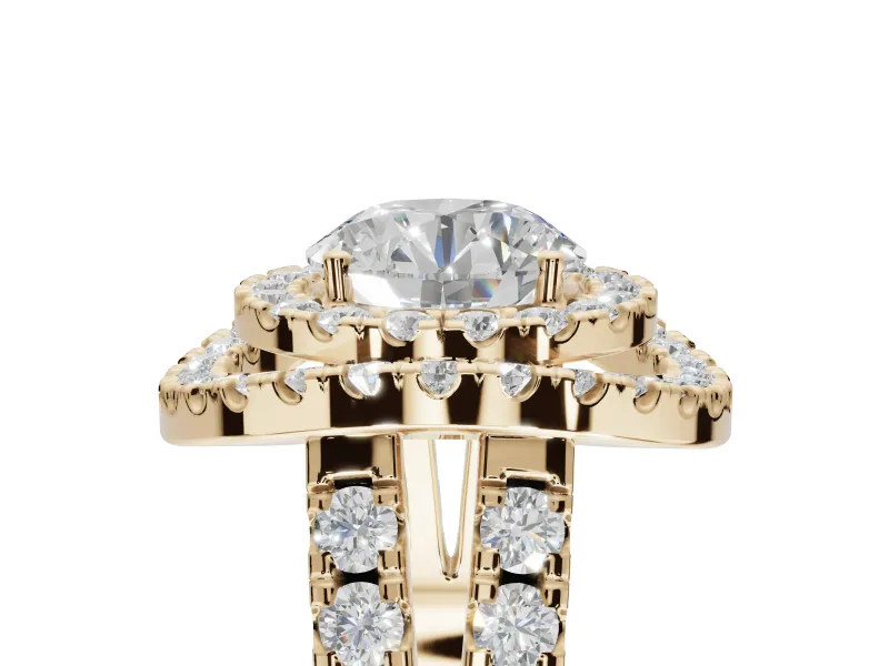 Round Double Halo Split Shank Engagement Ring Setting | Multi-Row Pavé | Yellow Gold
