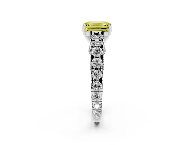 Fancy Yellow Emerald Cut Diamond Classic Solitaire Ring Set in Silver with Pavé Band and Prong Setting