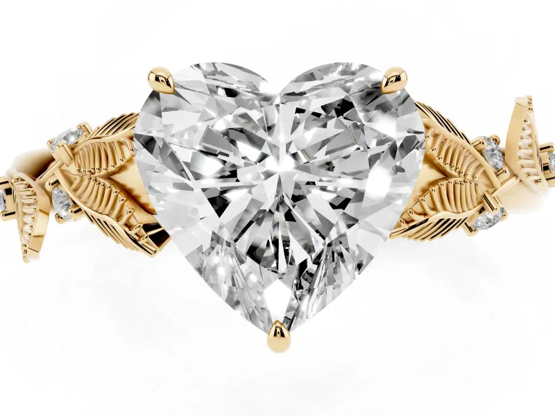 Heart-Shaped Leaf Motif Solitaire Engagement Ring Setting | Accented Leaves | Yellow Gold